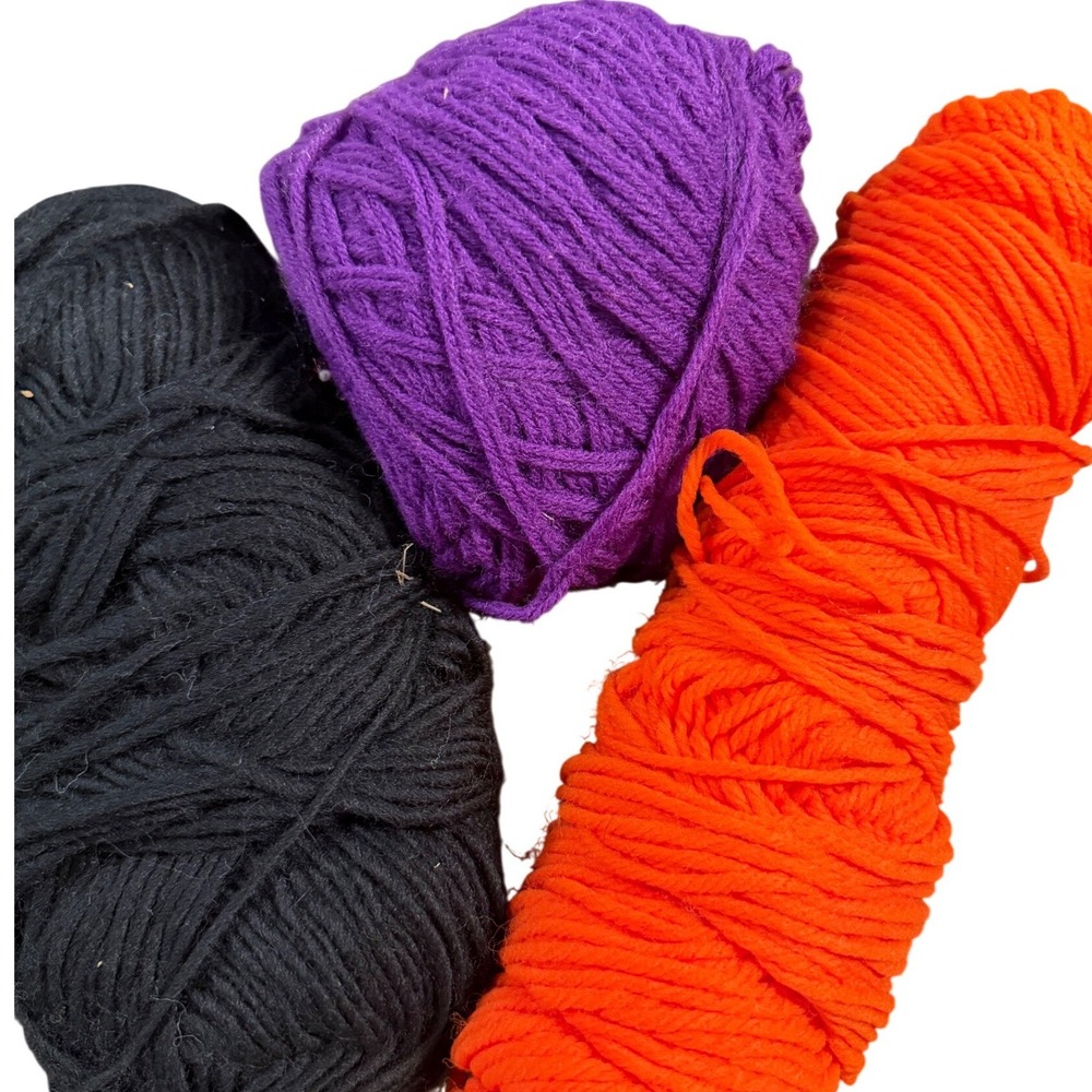 Halloween Yarn Lot Orange Purple Black Acrylic Medium Weight 3 Skeins Spooky DIY
